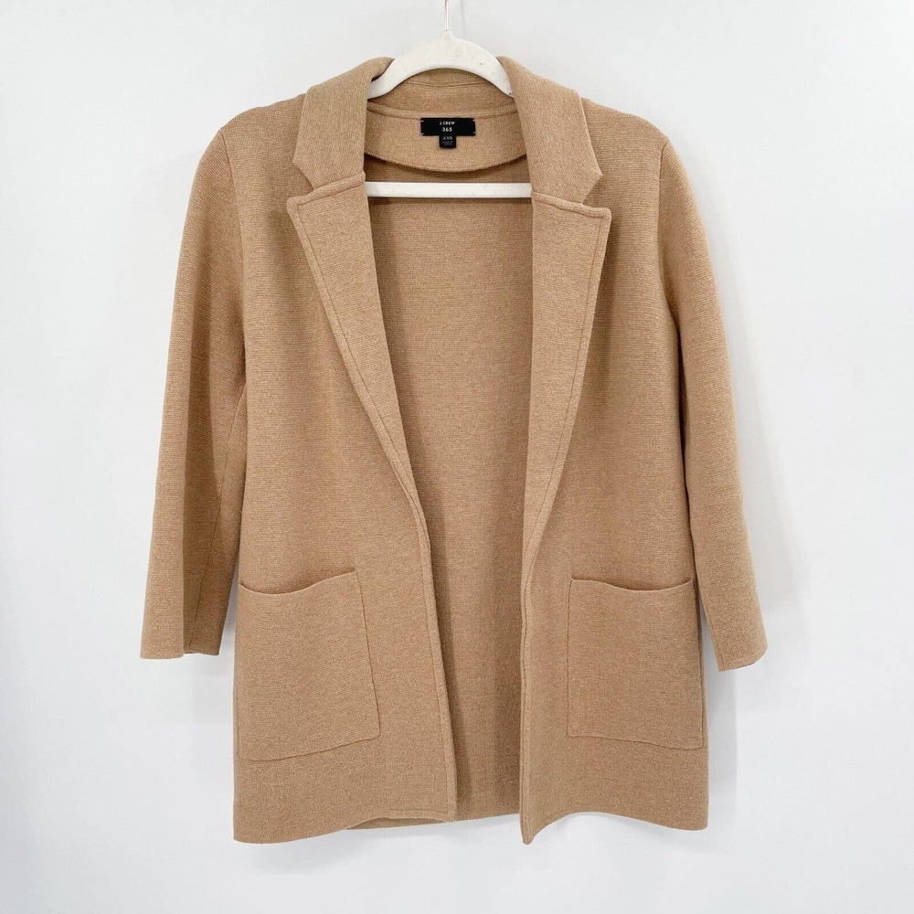 J.CREW Sophie Open Front Sweater Blazer Coat Sz XXS Tan Wool Blend Patch Pockets